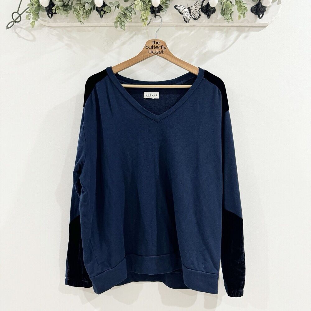 velvet by graham spencer Blue V Neck Long Sleeve Velvet Patch Sweater